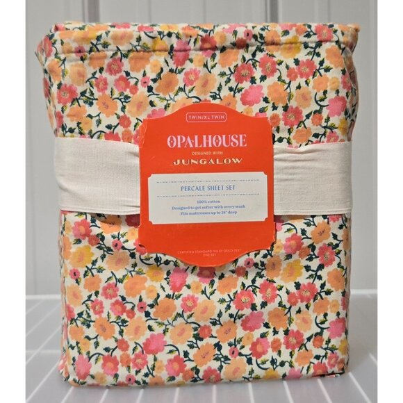 Opalhouse Twin Size 100% Cotton Percale 3 Piece Pink & Orange Floral Sheet Set - Picture 1 of 8
